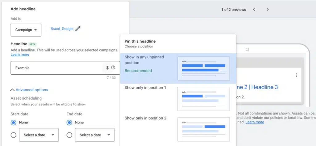 Ad setup for RSAs in Google Ads