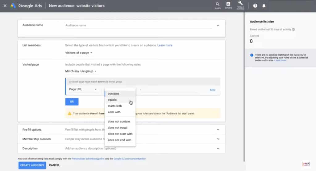 Screenshot of a Google Ads campaign manager account showing how to set up a Google Ads remarketing campaign