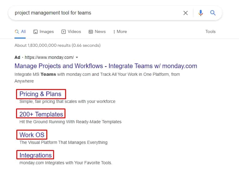 Example of a Google Ads sitelink ad