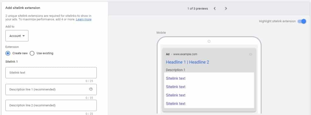 Google Ads manager dashboard showing how to set up sitelinks for your ad