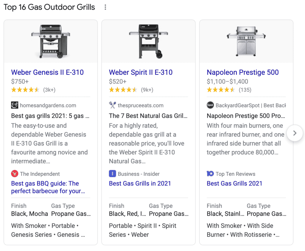Examples of top products in the Google search engine results page