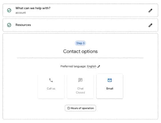 Contact options for contacting Google Ads Support: Call, Chat, Email