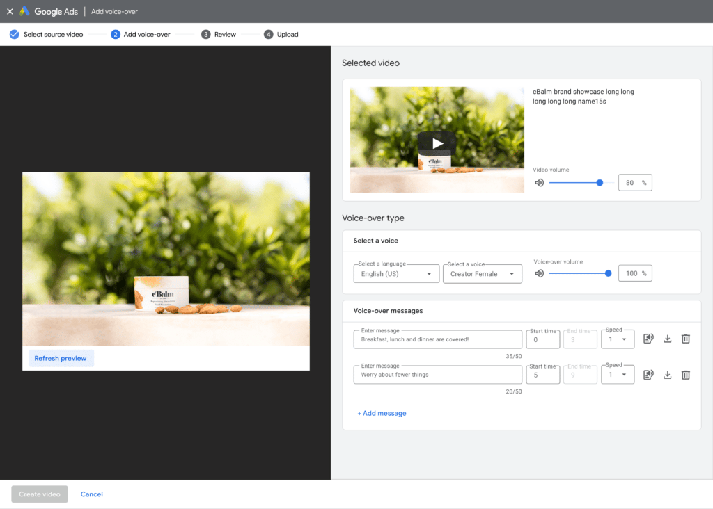 Google Ads' Youtube video asset library example