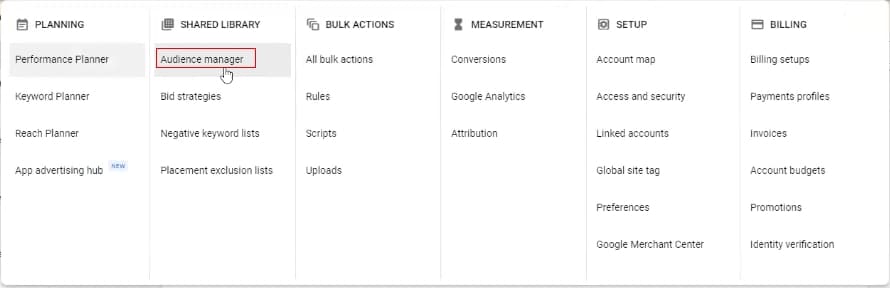 Google Ads dashboard showing where to find Google Ads Customer Match
