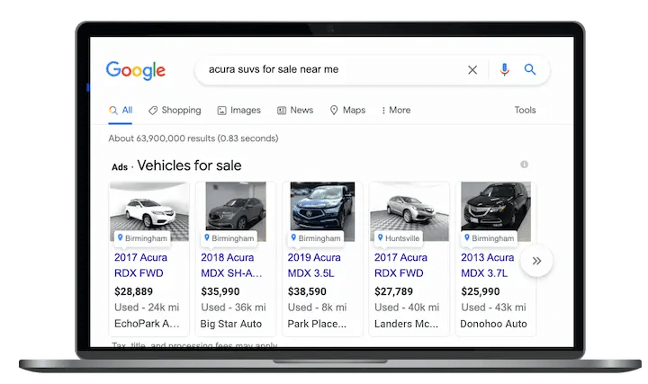 Vehicle listing ads on Google Ads