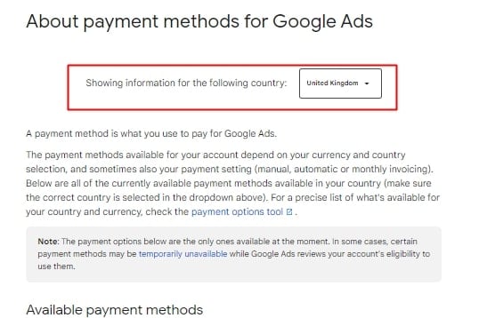 how to check your google ads payment methods