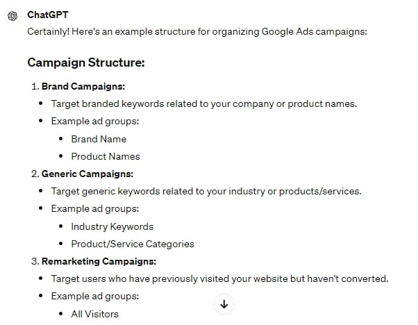 ChatGPT can help with structuring Google Ads campaigns - an example campaign structure