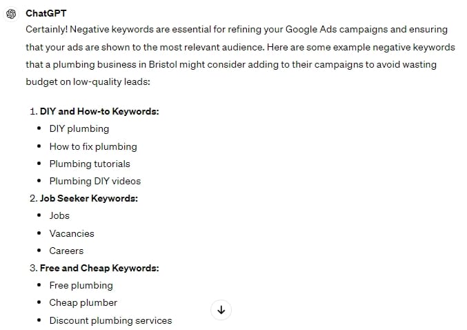 ChatGPT generates negative keywords for Google Ads example campaign