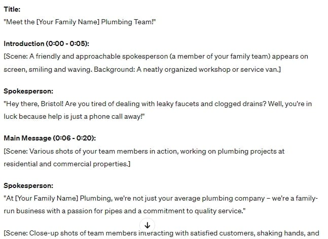 ChatGPT example of a YouTube script for Google Ads