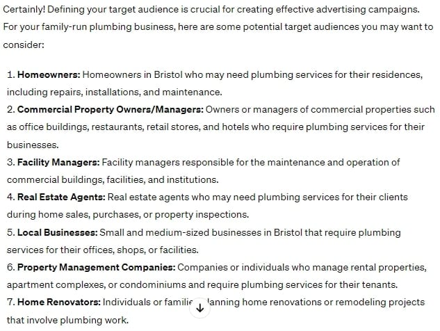 ChatGPT helps with defining the target audience for Google Ads