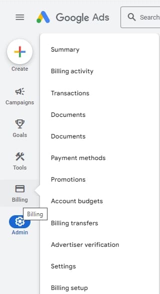 how to see google ads payment methods