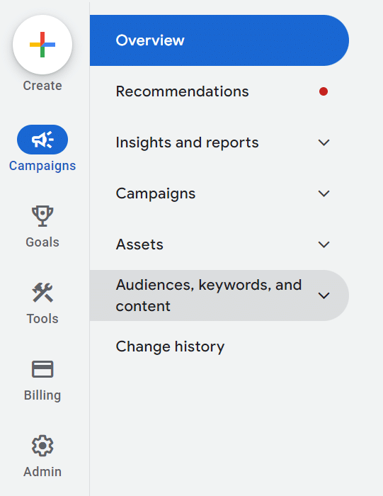 new google ads dashboard audiences keywords and content menu