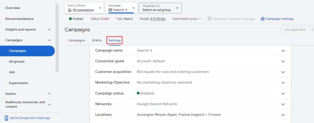 google ads campaign settings