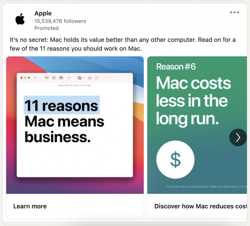 An example of a carousel LinkedIn Ad where Apple is promoting Mac