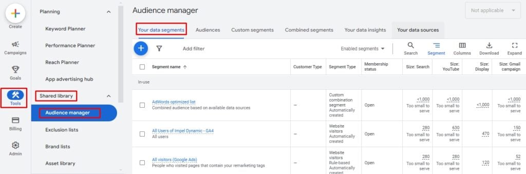 how to find affinity audiences and audience segments in google ads