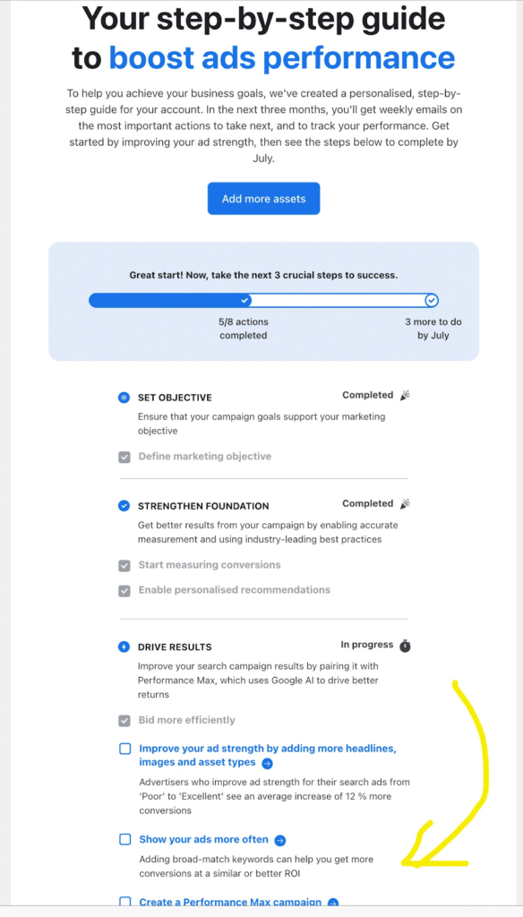 Google Ads news about personalised action plans