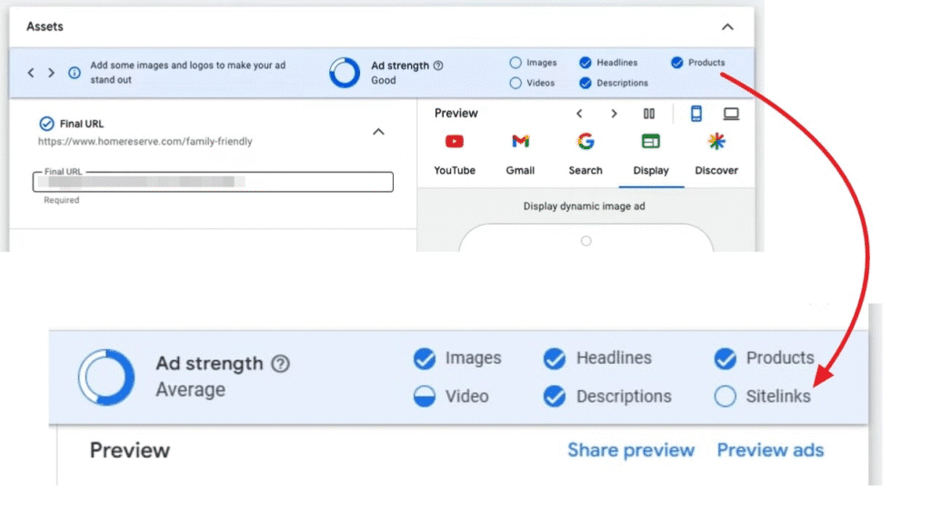 Google Ads News about sitelinks and ad strength score