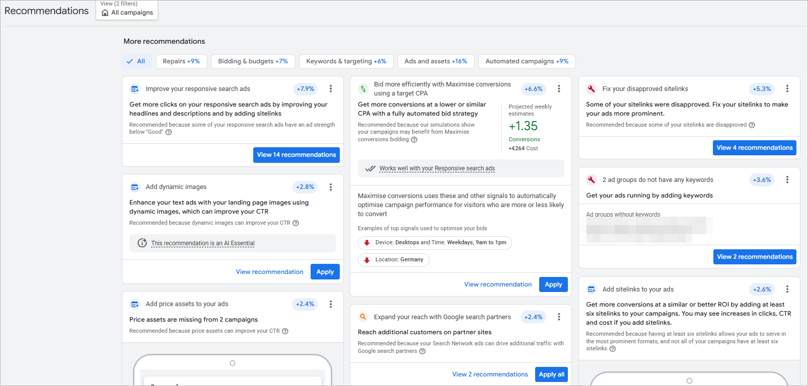 The Recommendations tab inside a real Google Ads account, a wall of suggested changes including Maximise conversions bidding, broad match keywords, search partners expansion and dynamic images, each with its own Apply button