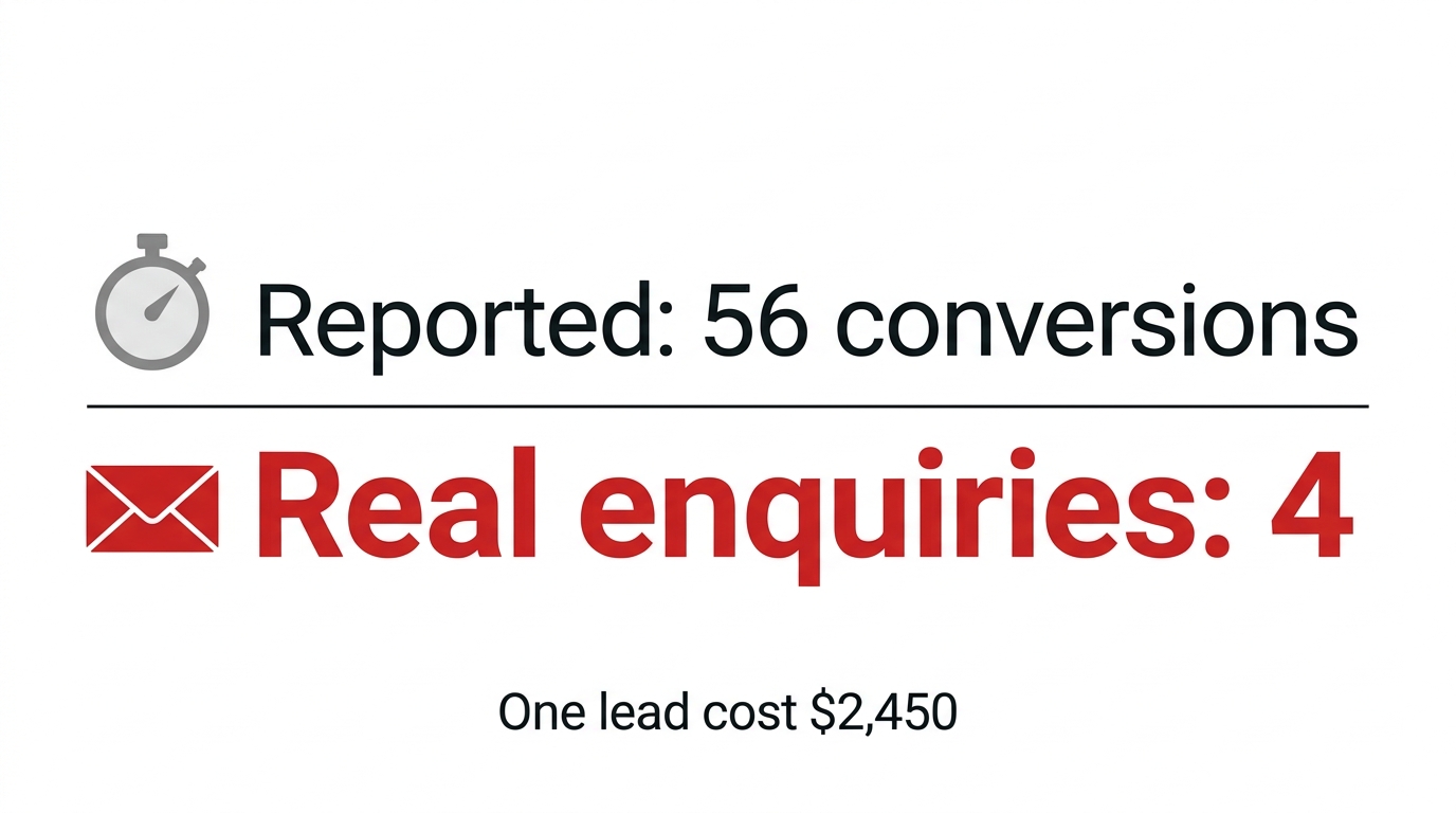 Reported: 56 conversions at $50. Real enquiries: 4, one costing $2,450. The conversion column was a scroll timer
