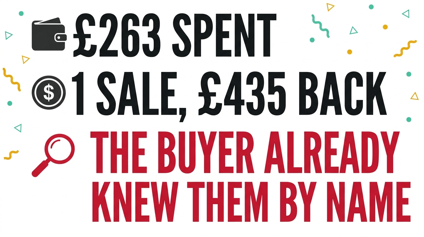 The whole month in 3 lines: £263 spent, 1 sale bringing £435 back, and the buyer already knew the business by name