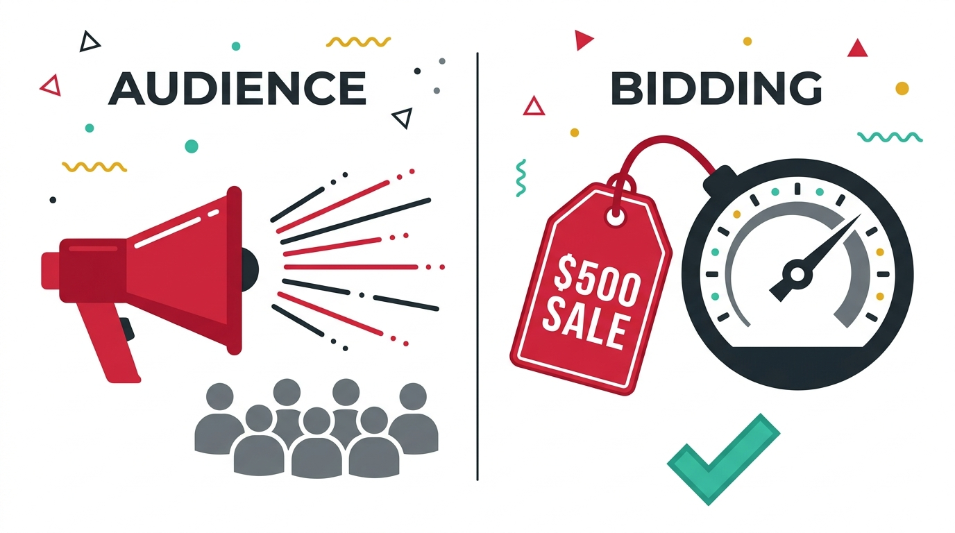 The 2 different jobs a customer list can do: on the left a crimson megaphone labelled AUDIENCE pointing at a crowd of grey figures, on the right a crimson price tag labelled $500 SALE plugged into a charcoal Google Ads bidding dial, with a tick under the right side only
