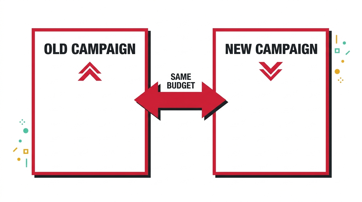 2 campaign boxes side by side, the old campaign with an upward arrow and the new campaign with a downward arrow, joined by a crimson double-headed arrow labelled same budget: the 2 campaigns were fighting over the same money