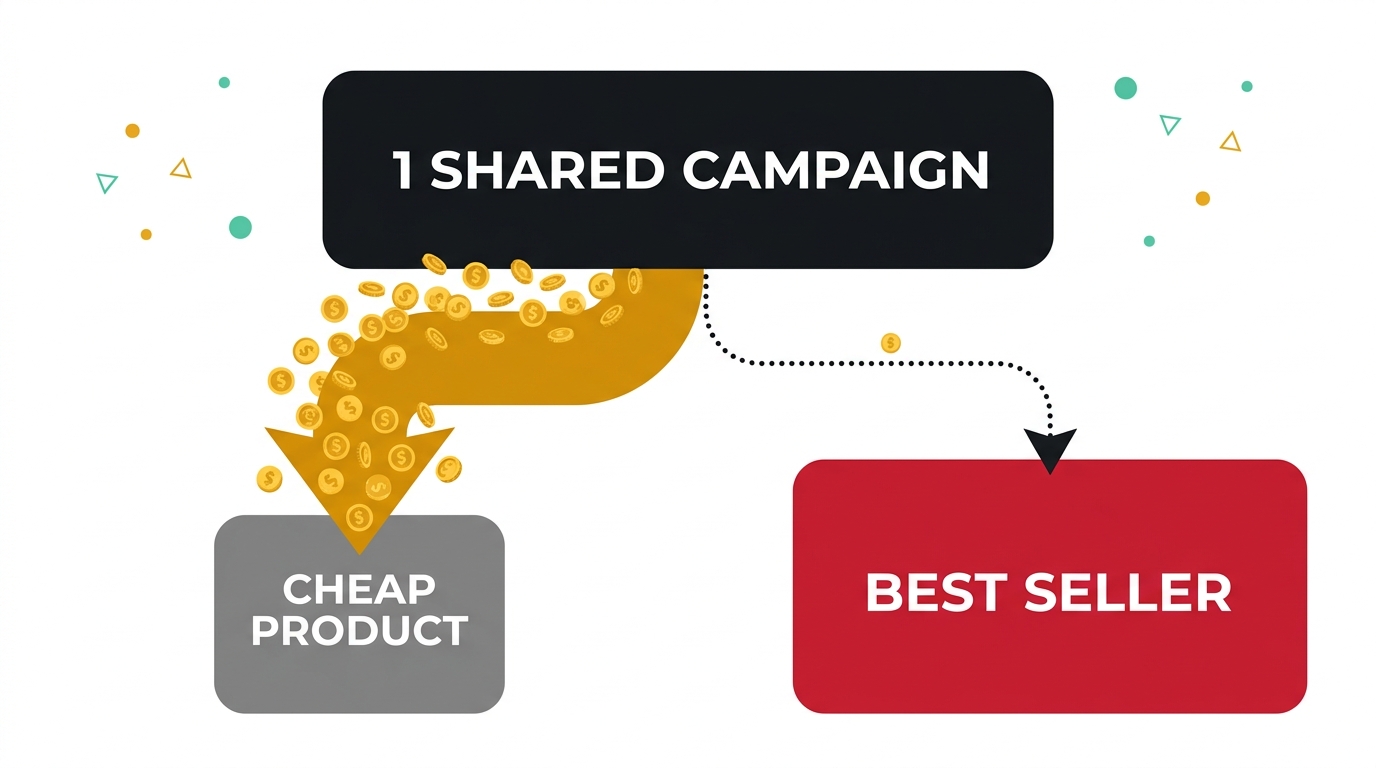 1 shared campaign, 2 very different outcomes: a thick stream of budget flooding the cheap product while a single coin trickles to the bigger, more profitable best seller