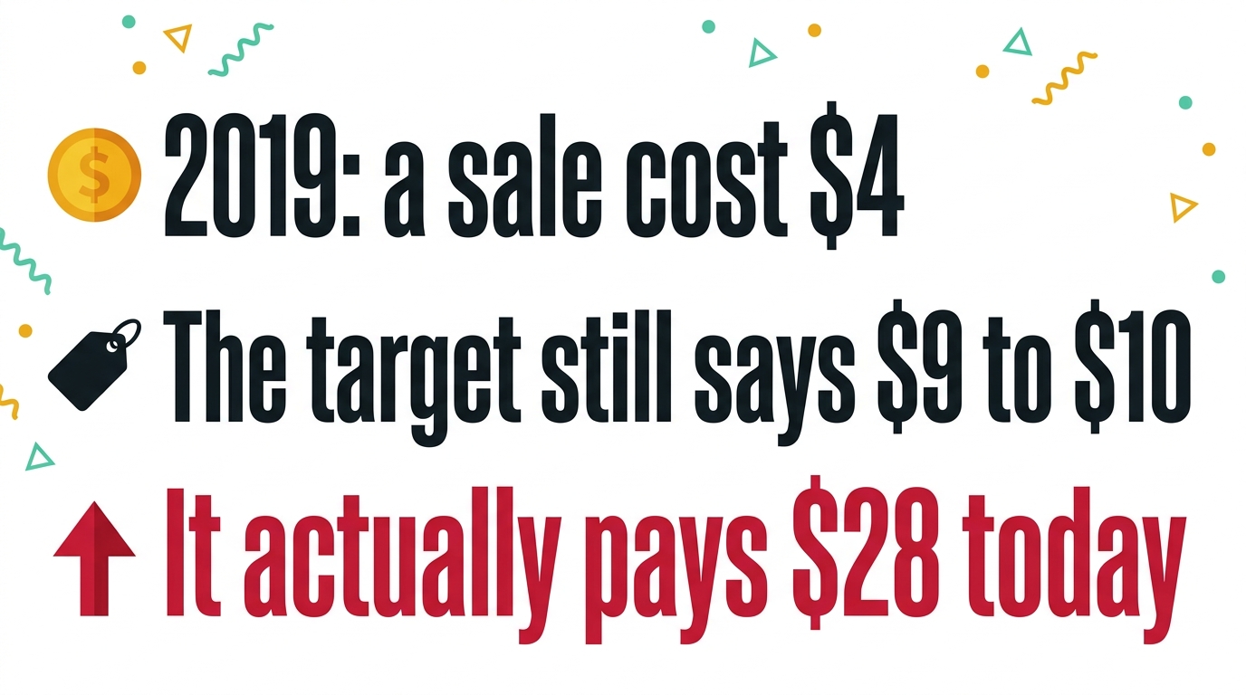 The whole problem in 3 lines: a sale cost $4 in 2019, the target still says $9 to $10, and it actually pays $28 today