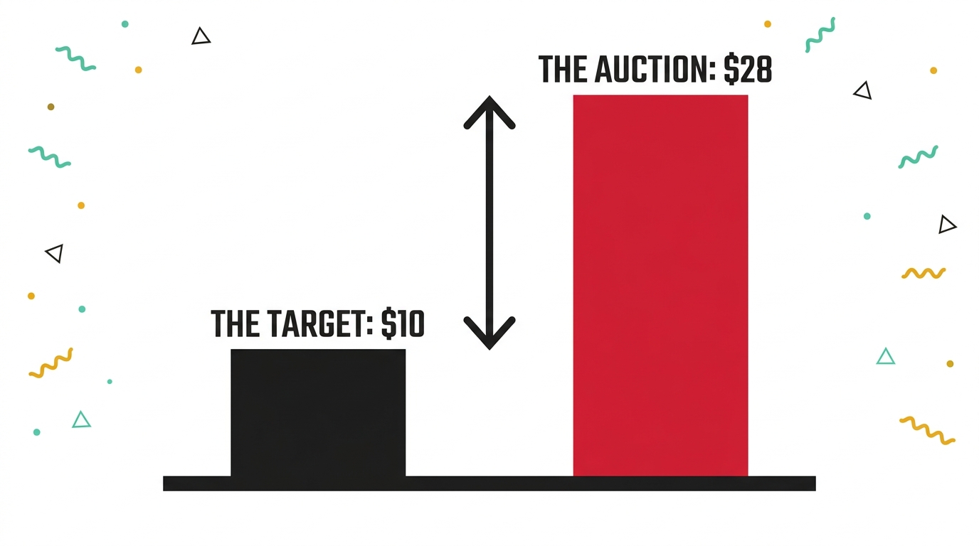 The gap the account is fighting: the target says $10 while the auction now charges $28