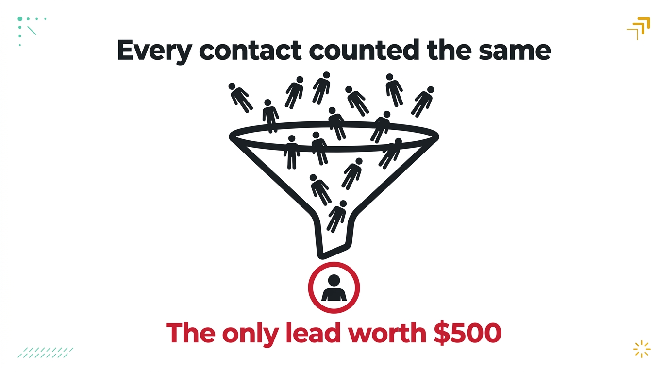 A funnel with every contact counted the same pouring in at the top, and a single crimson-circled person at the bottom labelled the only lead worth $500
