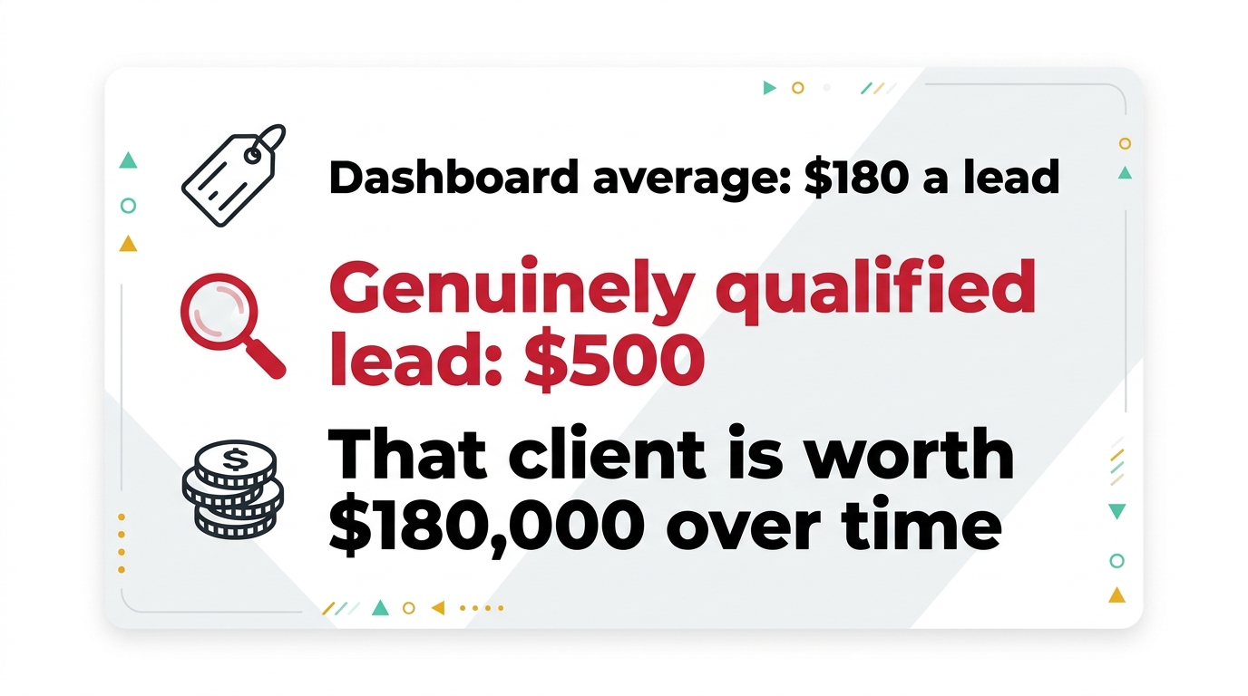 Stat card: dashboard average $180 a lead, genuinely qualified lead $500, that client is worth $180,000 over time