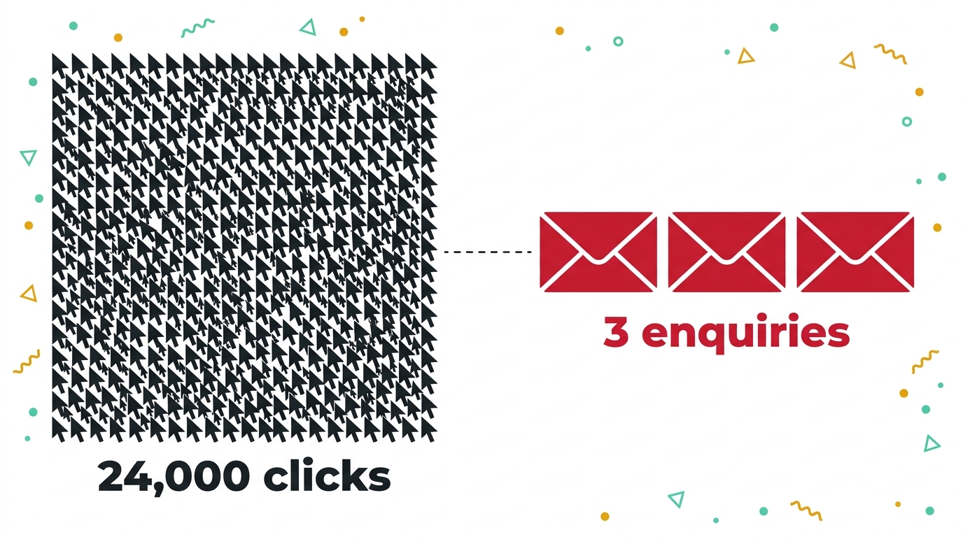 On the left a dense block of 24,000 small grey click icons, on the right 3 large crimson enquiry icons, showing the gap between clicks paid for and enquiries received