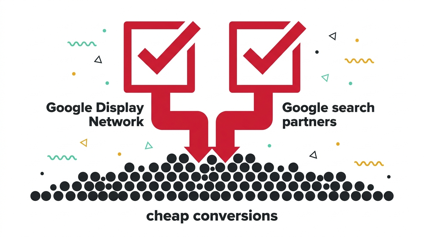 2 tick boxes labelled Google Display Network and Google search partners, both ticked, with crimson arrows running from them down into a heap of cheap conversions