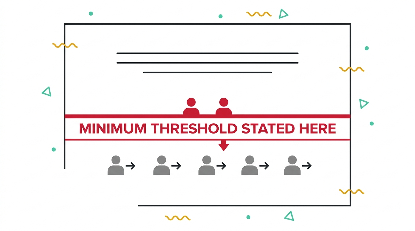A landing page mockup with a horizontal crimson line partway down labelled minimum threshold stated here, a few figures above the line continuing through in crimson, several grey figures below the line turned away with a small redirect arrow